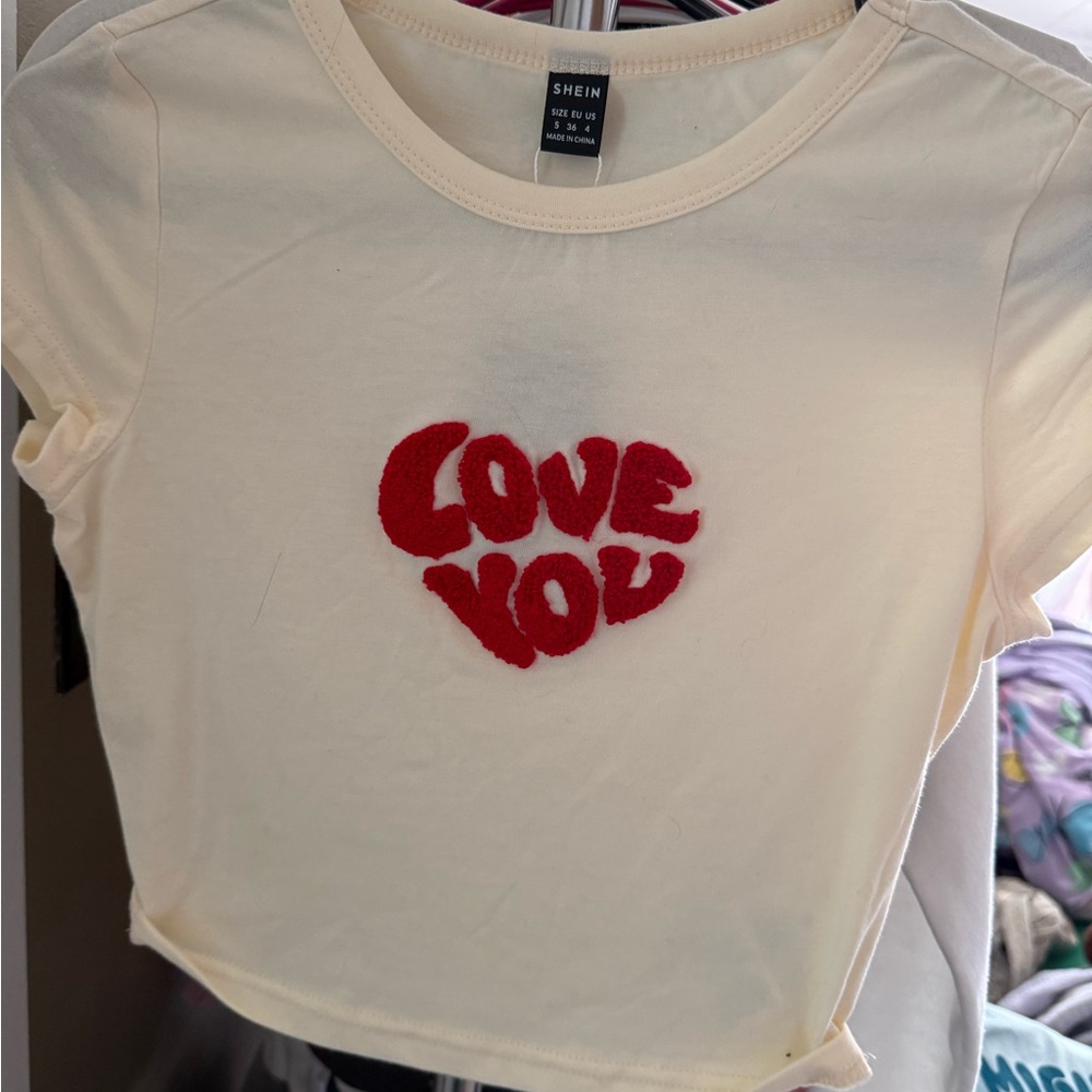 Cream T-Shirt with Red Love You Design